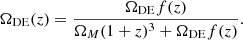 $$ \begin{aligned} \Omega _{\mathrm{DE}}(z)=\frac{\Omega _{\mathrm{DE}}f(z)}{\Omega _M(1+z)^3+\Omega _{\mathrm{DE}}f(z)}. \end{aligned} $$