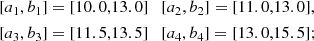 $$ \begin{aligned}&[a_1,b_1]=[10.0,13.0]\quad [a_2,b_2]=[11.0,13.0],\\&[a_3,b_3]=[11.5,13.5]\quad [a_4,b_4]=[13.0,15.5]; \end{aligned} $$