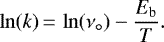 \begin{equation*}\ln(k)\,{=}\,\ln(\nu_{\circ}) - \frac{E_{\textrm{b}}}{T}.\end{equation*}