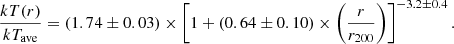 $$ \begin{aligned} \frac{kT(r)}{kT_{\rm ave}}=(1.74\pm 0.03)\times \left[1+(0.64\pm 0.10)\times \left(\frac{r}{r_{200}}\right)\right]^{-3.2\pm 0.4}. \end{aligned} $$