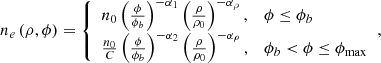 $$ \begin{aligned} n_e\left(\rho ,\phi \right)= {\left\{ \begin{array}{ll} n_0\left(\frac{\phi }{\phi _b}\right)^{-\alpha _1}\left(\frac{\rho }{\rho _0}\right)^{-\alpha _\rho },&\phi \le \phi _b\\ \frac{n_0}{C}\left(\frac{\phi }{\phi _b}\right)^{-\alpha _2}\left(\frac{\rho }{\rho _0}\right)^{-\alpha _\rho },&\phi _b < \phi \le \phi _{\rm max} \end{array}\right.}, \end{aligned} $$