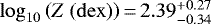 $\log_{10}{\left(Z~(\mathrm{dex}) \right)}\,{=}\,2.39^{+0.27}_{-0.34}$