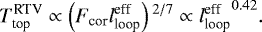\begin{align*} T_{\textrm{top}}^{\textrm{RTV}} \propto \left(F_{\textrm{cor}} l_{\textrm{loop}}^{\textrm{eff}} \right){}^{2/7} \propto {l_{\textrm{loop}}^{\textrm{eff}}}^{0.42}. \end{align*}