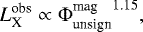 \begin{align*} &L_{\textrm{X}}^{\textrm{obs}} \propto {\Phi_{\textrm{unsign}}^{\textrm{mag}}}^{1.15}, \end{align*}