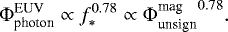 \begin{align*} \Phi_{\textrm{photon}}^{\textrm{EUV}} \propto f_{\ast}^{0.78} \propto {\Phi_{\textrm{unsign}}^{\textrm{mag}}}^{0.78}.\end{align*}