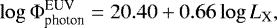 \begin{align*} \log \Phi_{\textrm{photon}}^{\textrm{EUV}} = 20.40 + 0.66 \log L_{\textrm{X}},\end{align*}