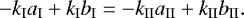 \begin{align*} - k_{\textrm{I}} a_{\textrm{I}} + k_{\textrm{I}} b_{\textrm{I}} = - k_{\textrm{II}} a_{\textrm{II}} + k_{\textrm{II}} b_{\textrm{II}}. \end{align*}