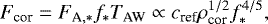 \begin{align*} F_{\textrm{cor}} = F_{\textrm{A},\ast} f_{\ast} T_{\textrm{AW}} \propto c_{\textrm{ref}} \rho_{\textrm{cor}}^{1/2} f_{\ast}^{4/5},\end{align*}