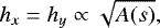 \begin{align*} h_x = h_y \propto \sqrt{A(s)},\end{align*}