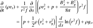 \begin{align*} \frac{\partial}{\partial t} \left(\rho v_s \right) &+ \frac{1}{r^2 f} \frac{\partial}{\partial s} \left[ \left(\rho v_s^2 + p + \frac{B_x^2 + B_y^2}{8 \pi} \right) r^2 f \right] \nonumber \\ &= \left[ p + \frac{1}{2} \rho \left(v_x^2 + v_y^2 \right) \right] \frac{d}{ds} \ln \left(r^2 f \right) + \rho g_s.\end{align*}
