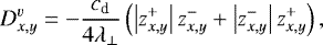 \begin{equation*}D^v_{x,y} = - \frac{c_{\textrm{d}}}{4\lambda_{\perp}} \left(\left| z_{x,y}^+ \right| z_{x,y}^- + \left| z_{x,y}^- \right| z_{x,y}^+ \right), \end{equation*}