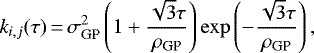 \begin{equation*}k_{i,j}(\tau)\,{=}\,\sigma^2_{\textrm{GP}}\left(1 + \frac{\sqrt{3}\tau}{\rho_{\textrm{GP}}}\right)\exp\left(-\frac{\sqrt{3}\tau}{\rho_{\textrm{GP}}}\right),\end{equation*}