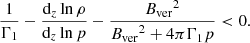 $$ \begin{aligned} \frac{1}{\Gamma _1}-\frac{\mathrm{d}_{z}\ln \rho }{\mathrm{d}_{z}\ln p}-\frac{{B_{\rm ver}}^2}{{B_{\rm ver}}^2+4\pi \Gamma _1{p}} < 0. \end{aligned} $$