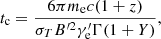 $$ \begin{aligned} t_{\mathrm{c} }=\frac{6 \pi m_{\mathrm{e} } c(1+z)}{\sigma _{T} B^{\prime 2} \gamma _{\mathrm{e} }^{\prime } \Gamma (1+Y)}, \end{aligned} $$