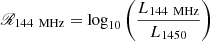 $$ \begin{aligned} \fancyscript {R}_{144\,\text{ MHz}}&= \log _{10} \left( \frac{L_{144\,\text{ MHz}}}{L_{1450}} \right) \end{aligned} $$