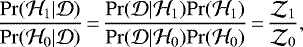 \begin{equation*} \frac{\mathrm{Pr}(\mathcal{H}_1|\mathcal{D})}{\mathrm{Pr}(\mathcal{H}_0|\mathcal{D})} \,{=}\,\frac{\mathrm{Pr}(\mathcal{D}|\mathcal{H}_1)\mathrm{Pr}(\mathcal{H}_1)} {\mathrm{Pr}(\mathcal{D}|\mathcal{H}_0)\mathrm{Pr}(\mathcal{H}_0)} \,{=}\,\frac{\mathcal{Z}_1}{\mathcal{Z}_0}, \end{equation*}