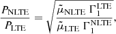 $$ \begin{aligned} \frac{P_{\mathrm{NLTE} }}{P_{\mathrm{LTE} }} = \sqrt{\frac{\tilde{\mu }_{\mathrm{NLTE} } \ \Gamma _1^{\mathrm{LTE} }}{\tilde{\mu }_\mathrm{LTE} \ \Gamma _1^\mathrm {NLTE} }}, \end{aligned} $$