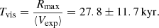 $$ \begin{aligned} T_{\rm vis} = \dfrac{R_{\rm max}}{\langle V_{\rm exp}\rangle } = 27.8 \pm 11.7\,\mathrm{kyr}. \end{aligned} $$