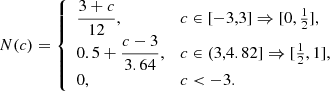 $$ \begin{aligned} N(c) = \left\{ \begin{array}{ll} \dfrac{3+c}{12},&c \in [-3,3] \Rightarrow [0,\frac{1}{2}], \\ 0.5 + \dfrac{c-3}{3.64},&c \in (3,4.82] \Rightarrow [\frac{1}{2},1], \\ 0,&c < -3. \\ \end{array}\right. \end{aligned} $$