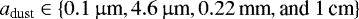 $a_{\textrm{dust}} \in \left\{0.1\,\upmu{\textrm{m}}, 4.6\,\upmu{\textrm{m}}, 0.22\,\textrm{mm},\textrm{and } 1\,\textrm{cm} \right\}$