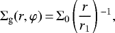 \begin{equation*} \Sigma_{\textrm{g}} (r,\varphi)\,{=}\,\Sigma_0 \left(\frac{r}{r_1}\right){}^{-1}{,}\end{equation*}