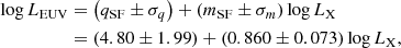 $$ \begin{aligned} \begin{aligned} \log {L_{\mathrm{EUV} }}&= \left(q_{\mathrm{SF} }\pm \sigma _{q}\right) + \left(m_{\mathrm{SF} }\pm \sigma _{m}\right)\log {L_{\rm X}} \\&= (4.80\pm 1.99) + (0.860\pm 0.073)\log {L_{\rm X}}, \end{aligned} \end{aligned} $$