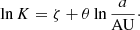 $$ \begin{aligned} \ln {K} = \zeta + \theta \ln {\frac{a}{\mathrm{AU} }}\cdot \end{aligned} $$