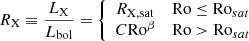 $$ \begin{aligned} R_{\mathrm{X} }\equiv \frac{L_{\mathrm{X} }}{L_{\mathrm{bol} }}= {\left\{ \begin{array}{ll} R_{\mathrm{X,sat} }&\mathrm{Ro} \le \mathrm {Ro}_{sat} \\ C \mathrm{Ro} ^{\beta }&\mathrm{Ro} > \mathrm {Ro}_{sat} \\ \end{array}\right.} \end{aligned} $$