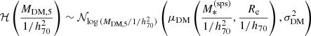 $$ \begin{aligned} \mathcal{H} \left(\frac{M_{\mathrm{DM} ,5}}{1/h_{70}^2}\right)&\sim \mathcal{N} _{\log {(M_{\mathrm{DM} ,5}/1/h_{70}^2)}}\left(\mu _{\mathrm{DM} }\left(\frac{M_*^{\mathrm{(sps)} }}{1/h_{70}^2},\frac{R_{\mathrm{e} }}{1/h_{70}}\right), \sigma _{\mathrm{DM} }^2\right) \end{aligned} $$