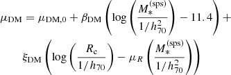 $$ \begin{aligned} \mu _{\mathrm{DM} }&= \mu _{\mathrm{DM} ,0} + \beta _{\mathrm{DM} }\left(\log {\left(\frac{M_*^{\mathrm{(sps)} }}{1/h_{70}^2}\right)} - 11.4\right) + \nonumber \\&\xi _{\mathrm{DM} }\left(\log {\left(\frac{R_{\mathrm{e} }}{1/h_{70}}\right)} - \mu _R\left(\frac{M_*^{\mathrm{(sps)} }}{1/h_{70}^2}\right)\right) \end{aligned} $$