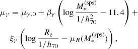 $$ \begin{aligned} \mu _\gamma&= \mu _{\gamma ,0} + \beta _\gamma \left(\log {\frac{M_*^{\mathrm{(sps)} }}{1/h_{70}^2}} - 11.4\right) + \nonumber \\&\xi _\gamma \left(\log {\frac{R_{\mathrm{e} }}{1/h_{70}}} - \mu _R(M_*^{\mathrm{(sps)} })\right), \end{aligned} $$