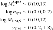 $$ \begin{aligned} \log {M_*^{\mathrm{(sps)} }}&\sim U(10,13) \nonumber \\ \log {\alpha _{\mathrm{sps} }}&\sim U(0.0, 0.2) \\ \log {M_{\mathrm{DM} ,5}}&\sim U(10,12) \nonumber \\ \gamma _{\mathrm{DM} }&\sim U(0.2, 1.8), \nonumber \end{aligned} $$