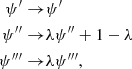$$ \begin{aligned} \psi^\prime \rightarrow&\psi^\prime \nonumber \\ \psi^{\prime \prime }\rightarrow&\lambda \psi^{\prime \prime }+ 1 - \lambda \\ \psi ^{\prime \prime \prime } \rightarrow&\lambda \psi ^{\prime \prime \prime } \nonumber , \end{aligned} $$