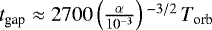 $t_{\textrm{gap}} \approx 2700 \left(\frac{\alpha}{10^{-3}}\right){}^{-3/2}\,T_{\textrm{orb}}$