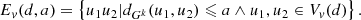 $$ \begin{aligned} E_{ v}(d,a) = \left\{ u_1u_2 | d_{G^k}(u_1,u_2)\leqslant a \wedge u_1,u_2\in V_{ v}(d) \right\} . \end{aligned} $$