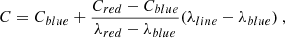 $$ \begin{aligned} C = C_{blue} + \frac{C_{red}-C_{blue}}{\lambda _{red}-\lambda _{blue}}(\lambda _{line}-\lambda _{blue}) \ , \end{aligned} $$
