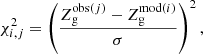 $$ \begin{aligned} \chi _{i,j}^{2} = \left(\frac{Z_{\rm g}^{\mathrm{obs} (j)} - Z_{\rm g}^{\mathrm{mod} (i)}}{\sigma }\right)^{2}, \end{aligned} $$