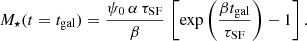$$ \begin{aligned} M_{\star }(t=t_{\rm gal}) = \frac{\psi _0\,\alpha \,\tau _{\rm SF}}{\beta }\,\left[\exp \left(\frac{\beta t_{\rm gal}}{\tau _{\rm SF}}\right) - 1\right]. \end{aligned} $$