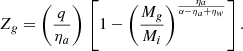 $$ \begin{aligned} Z_g = \left(\frac{q}{\eta _a}\right)\, \left[1 - \left(\frac{M_g}{M_i}\right)^{\frac{\eta _a}{\alpha - \eta _a + \eta _w}}\right]. \end{aligned} $$