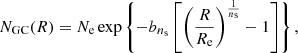 $$ \begin{aligned} N_{\rm GC}(R) = N_{\mathrm{e}} \exp \left\{ -b_{n_{\mathrm{s}}}\left[\left(\frac{R}{R_{\mathrm{e}}}\right)^\frac{1}{n_{\mathrm{s}}} - 1\right]\right\} , \end{aligned} $$