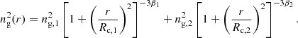 $$ \begin{aligned} n_{\rm g}^2(r) = n_{\rm g,1}^2 \left[1 + \left(\frac{r}{R_{\mathrm{c,1}}}\right)^2 \right]^{-3\beta _1} + n_{\rm g,2}^2 \left[1 + \left(\frac{r}{R_{\mathrm{c,2}}}\right)^2 \right]^{-3\beta _2}. \end{aligned} $$