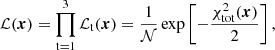$$ \begin{aligned} \mathcal{L} (\boldsymbol{x}) = \prod _{\mathrm{t} = 1}^{3} \mathcal{L} _{\mathrm{t}}(\boldsymbol{x}) = \frac{1}{\mathcal{N} }\exp \left[-\frac{\chi ^2_{\rm tot}(\boldsymbol{x})}{2}\right], \end{aligned} $$