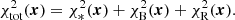 $$ \begin{aligned} \chi ^2_{\rm tot}(\boldsymbol{x}) = \chi ^2_*(\boldsymbol{x}) + \chi ^2_{\mathrm{B}}(\boldsymbol{x}) + \chi ^2_{\mathrm{R}}(\boldsymbol{x}). \end{aligned} $$
