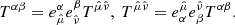 $$ \begin{aligned} {{T}^{\alpha \beta }}=e_{{\hat{\mu }}}^{\alpha }e_{{\hat{\nu }}}^{\beta }{{T}^{\hat{\mu }\hat{\nu }}} ,\ {{T}^{\hat{\mu }\hat{\nu }}}=e_{\alpha }^{{\hat{\mu }}}e_{\beta }^{{\hat{\nu }}}{{T}^{\alpha \beta }} . \end{aligned} $$