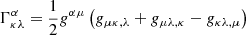 $$ \begin{aligned} \Gamma _{\kappa \lambda }^{\alpha }=\frac{1}{2}{{ g}^{\alpha \mu }}\left( {{ g}_{\mu \kappa ,\lambda }}+{{ g}_{\mu \lambda ,\kappa }}-{{ g}_{\kappa \lambda ,\mu }} \right) \end{aligned} $$