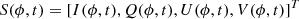 $$ \begin{aligned} {S}(\phi ,t) = [{I}(\phi ,t),{Q}(\phi ,t), {U}(\phi ,t),{V}(\phi ,t)]^T \end{aligned} $$