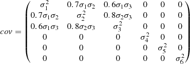 $$ \begin{aligned} co{ v} = \begin{pmatrix} \sigma _1^2&0.7\sigma _1 \sigma _2&0.6\sigma _1 \sigma _3&0&0&0\\ 0.7\sigma _1 \sigma _2&\sigma _2^2&0.8\sigma _2 \sigma _3&0&0&0\\ 0.6\sigma _1 \sigma _3&0.8\sigma _2 \sigma _3&\sigma _3^2&0&0&0\\ 0&0&0&\sigma _4^2&0&0\\ 0&0&0&0&\sigma _5^2&0\\ 0&0&0&0&0&\sigma _6^2\\ \end{pmatrix} \end{aligned} $$