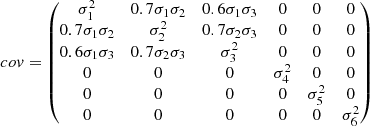$$ \begin{aligned} co{ v} = \begin{pmatrix} \sigma _1^2&0.7\sigma _1 \sigma _2&0.6\sigma _1 \sigma _3&0&0&0\\ 0.7\sigma _1 \sigma _2&\sigma _2^2&0.7\sigma _2 \sigma _3&0&0&0\\ 0.6\sigma _1 \sigma _3&0.7\sigma _2 \sigma _3&\sigma _3^2&0&0&0\\ 0&0&0&\sigma _4^2&0&0\\ 0&0&0&0&\sigma _5^2&0\\ 0&0&0&0&0&\sigma _6^2\\ \end{pmatrix} \end{aligned} $$