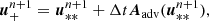 $$ \begin{aligned}&\boldsymbol{u}^{n+1}_{+} = \boldsymbol{u}^{n+1}_{**} + \Delta t \boldsymbol{A}_{\mathrm{adv} }(\boldsymbol{u}^{n+1}_{**}) , \end{aligned} $$