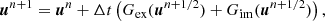 $$ \begin{aligned}&\boldsymbol{u}^{n+1} = \boldsymbol{u}^{n} + \Delta t \left(G_{\mathrm{ex} }(\boldsymbol{u}^{n+1/2}) + G_{\rm im}(\boldsymbol{u}^{n+1/2})\right), \end{aligned} $$